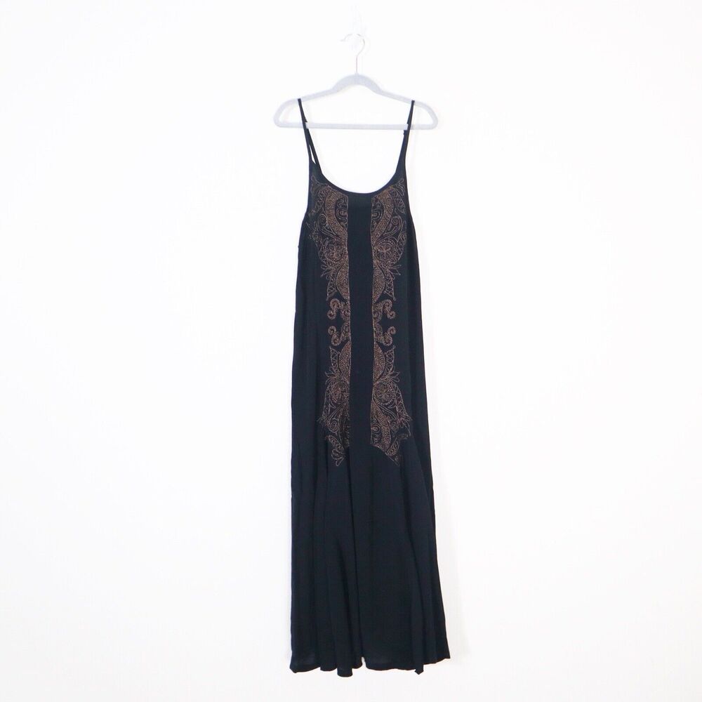 Cleobella Size S Metallic Embroidered Black Midi Dress Viscose Crepe